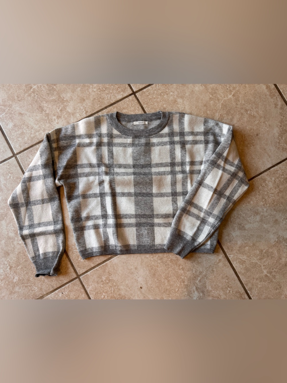 Timing Gray and Cream Plaid Knit Sweater